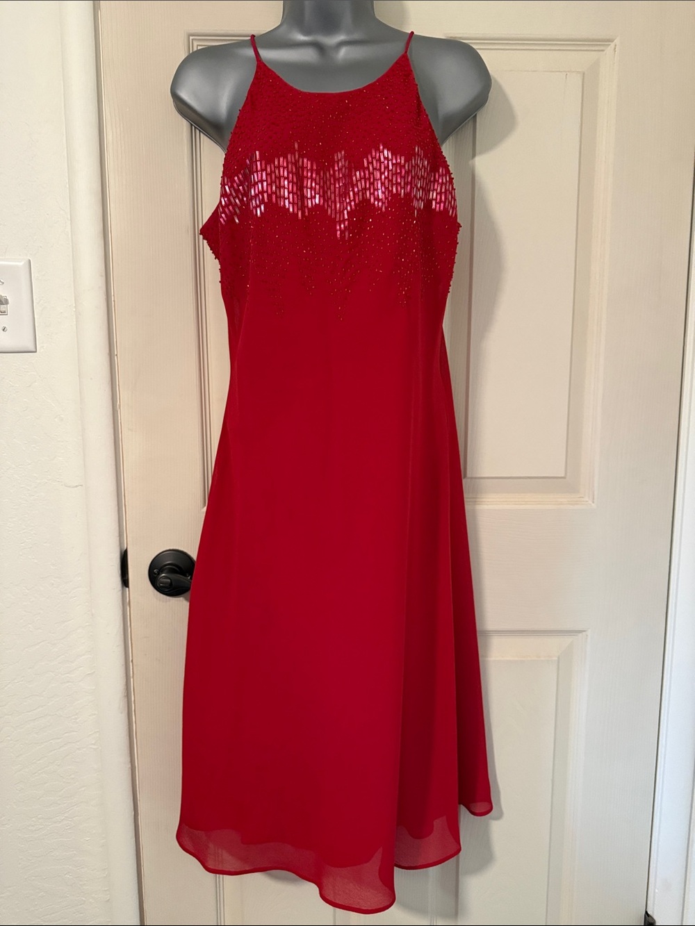 Cachet Red Beaded Halter Midi Dress